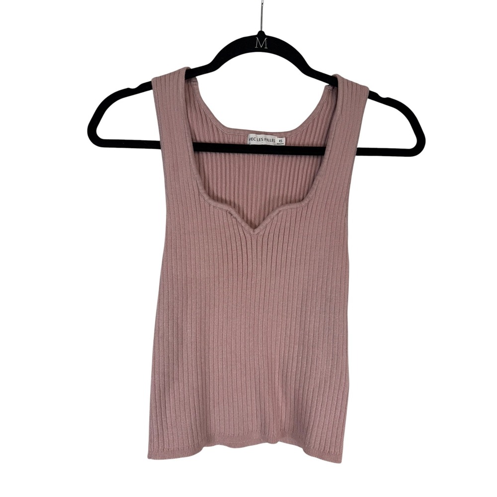 Avec Les Filles Ribbed Knit Tank Top Mauve Pink Notched Neck Sleeveless XS
